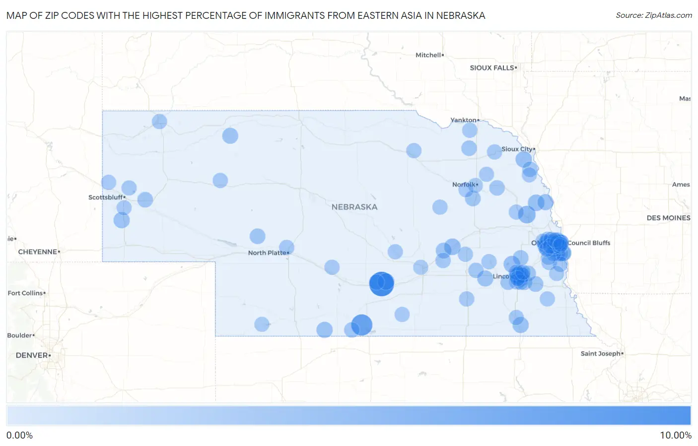 Zip Codes with the Highest Percentage of Immigrants from Eastern Asia in Nebraska Map