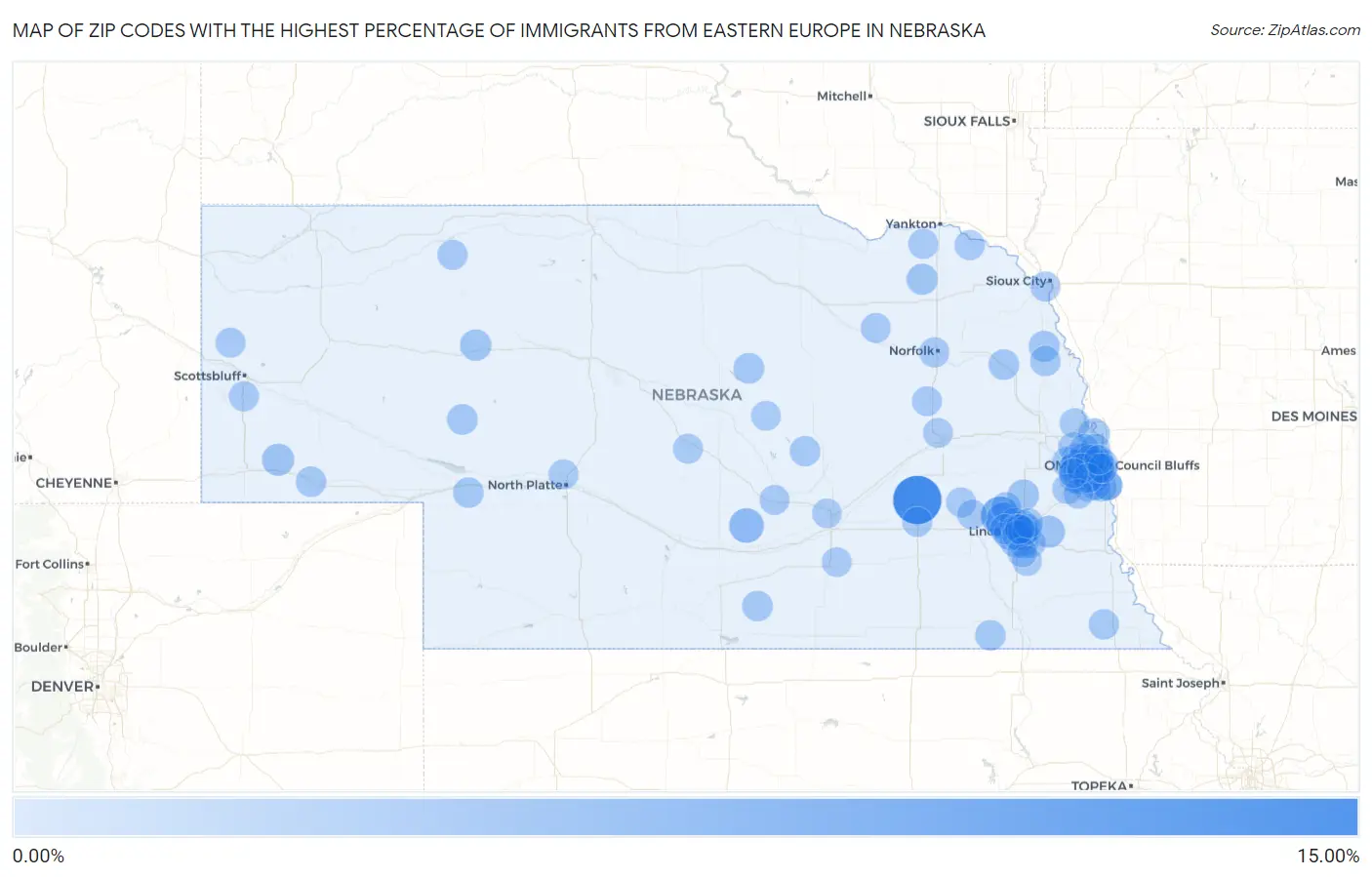 Zip Codes with the Highest Percentage of Immigrants from Eastern Europe in Nebraska Map