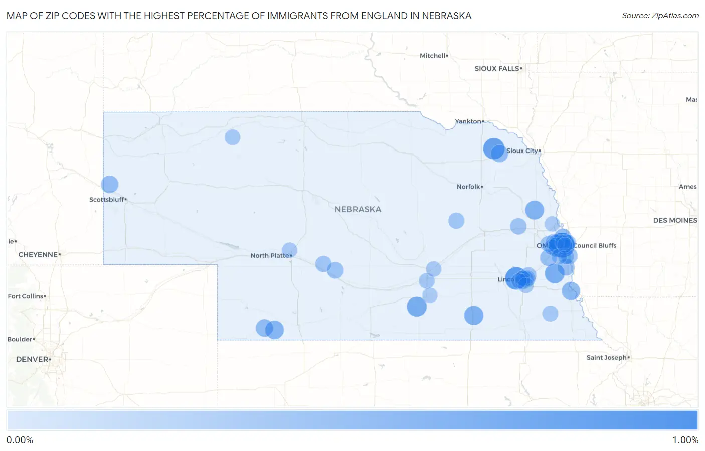 Zip Codes with the Highest Percentage of Immigrants from England in Nebraska Map