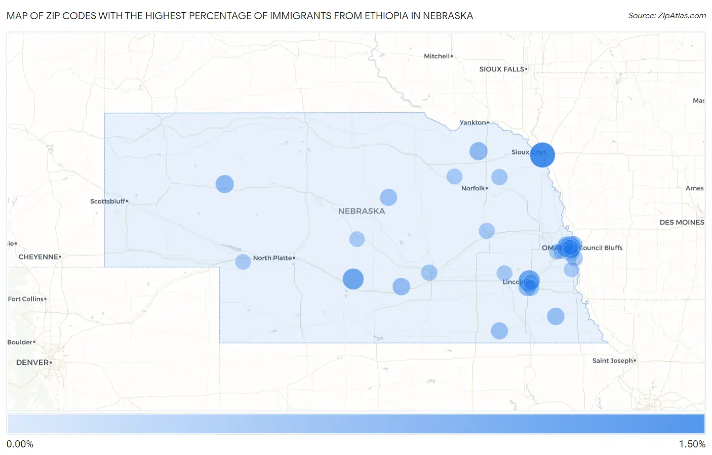 Zip Codes with the Highest Percentage of Immigrants from Ethiopia in Nebraska Map