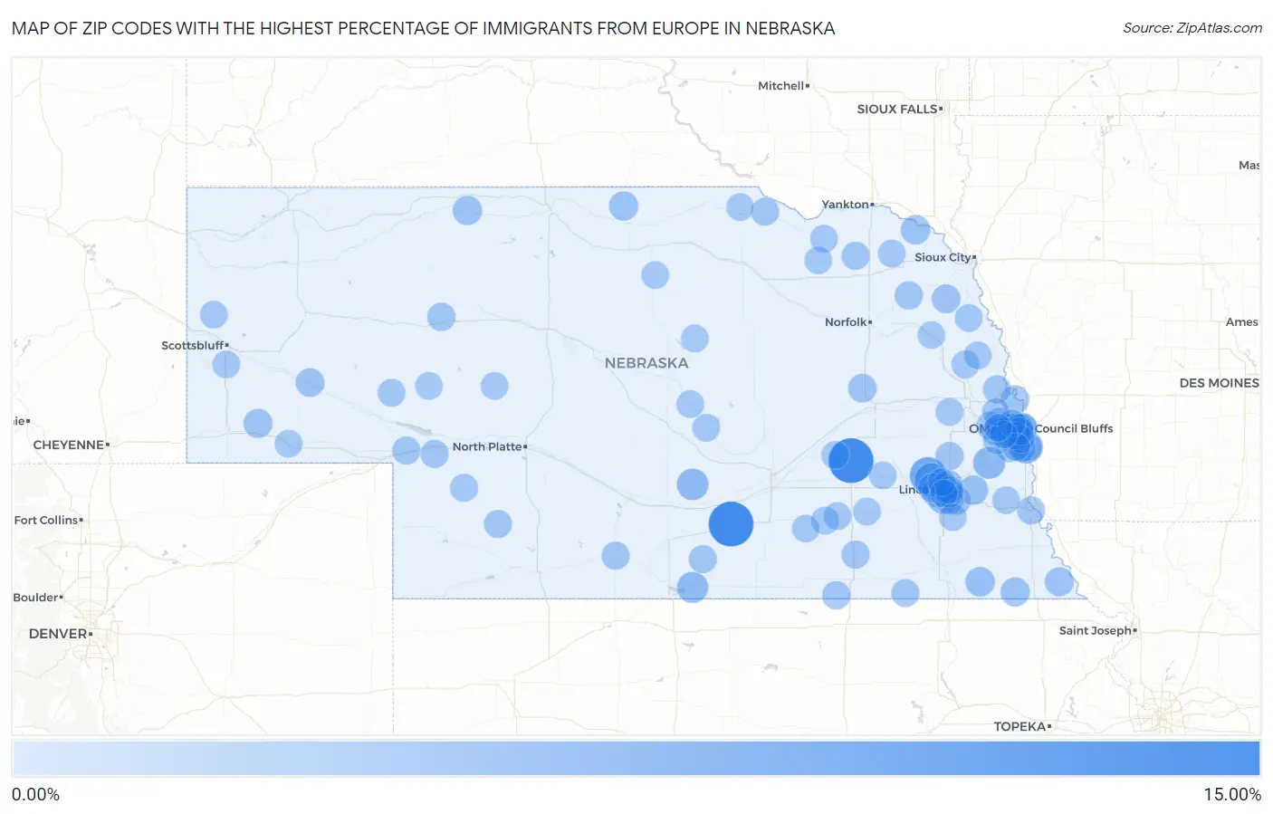 Zip Codes with the Highest Percentage of Immigrants from Europe in Nebraska Map