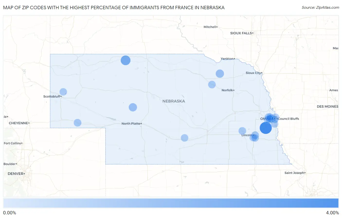 Zip Codes with the Highest Percentage of Immigrants from France in Nebraska Map