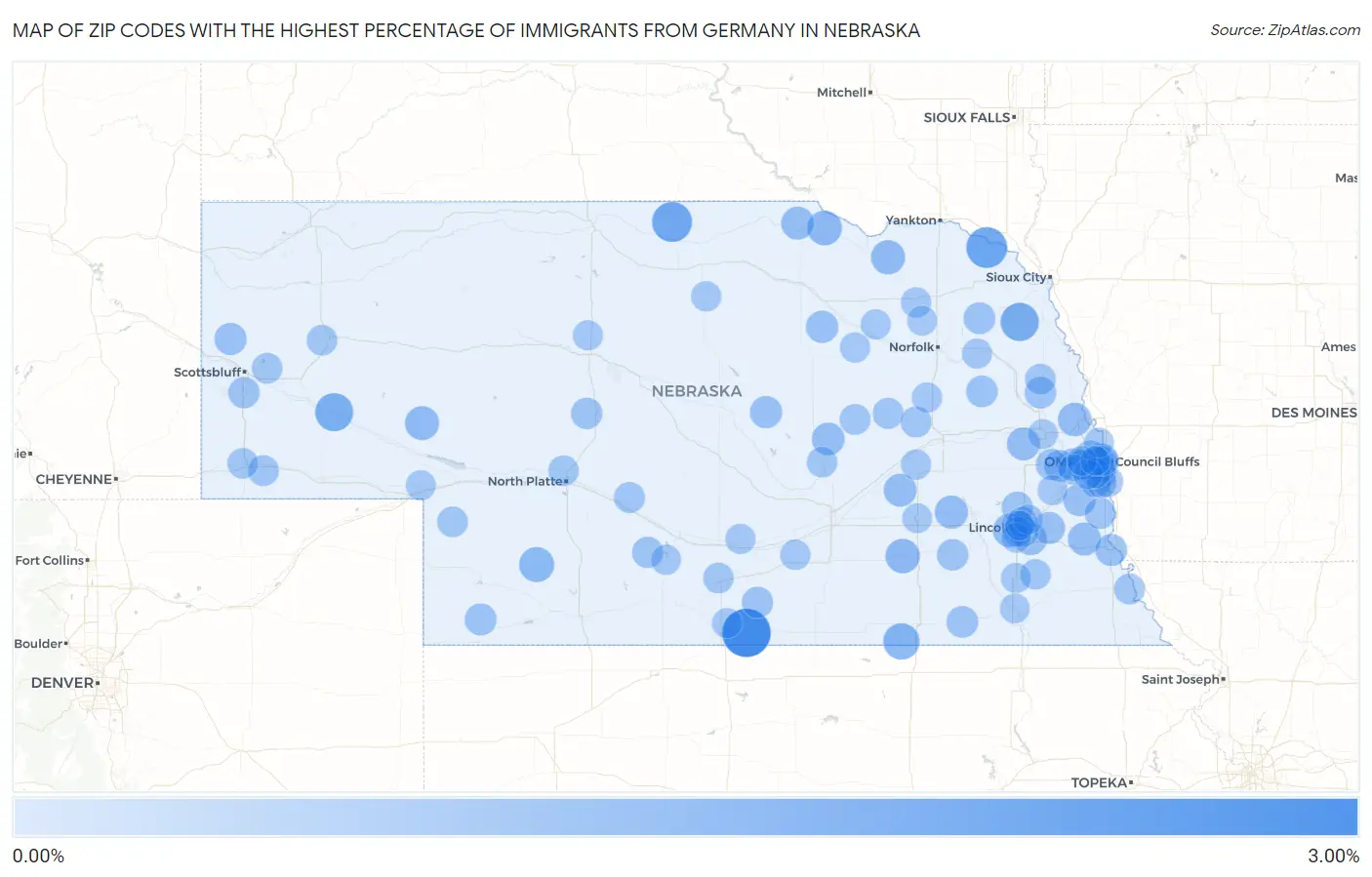 Zip Codes with the Highest Percentage of Immigrants from Germany in Nebraska Map