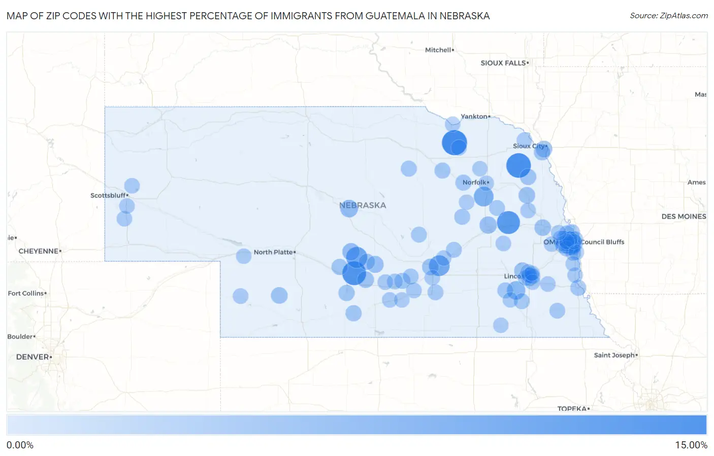 Zip Codes with the Highest Percentage of Immigrants from Guatemala in Nebraska Map