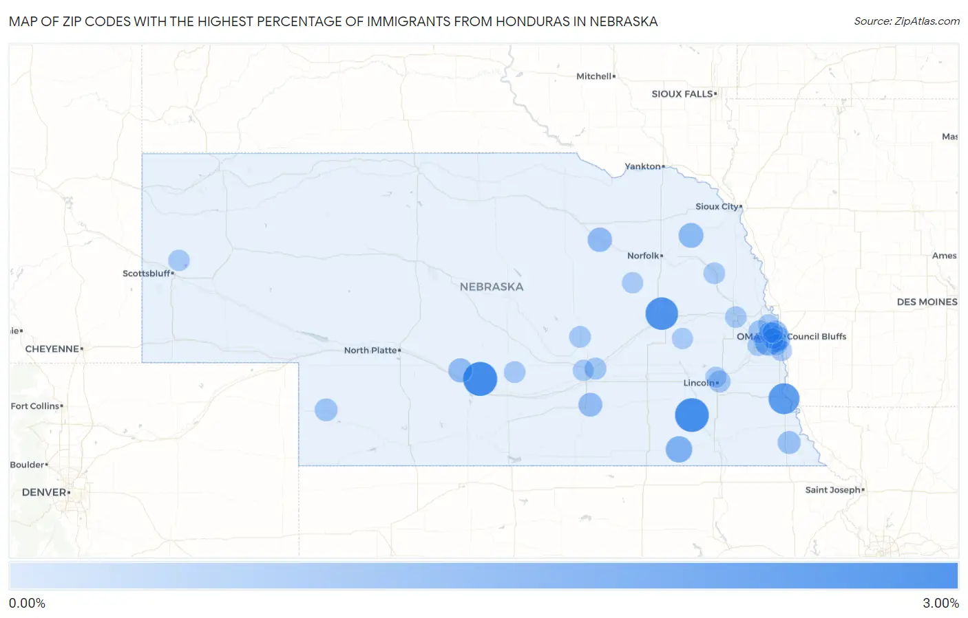 Zip Codes with the Highest Percentage of Immigrants from Honduras in Nebraska Map