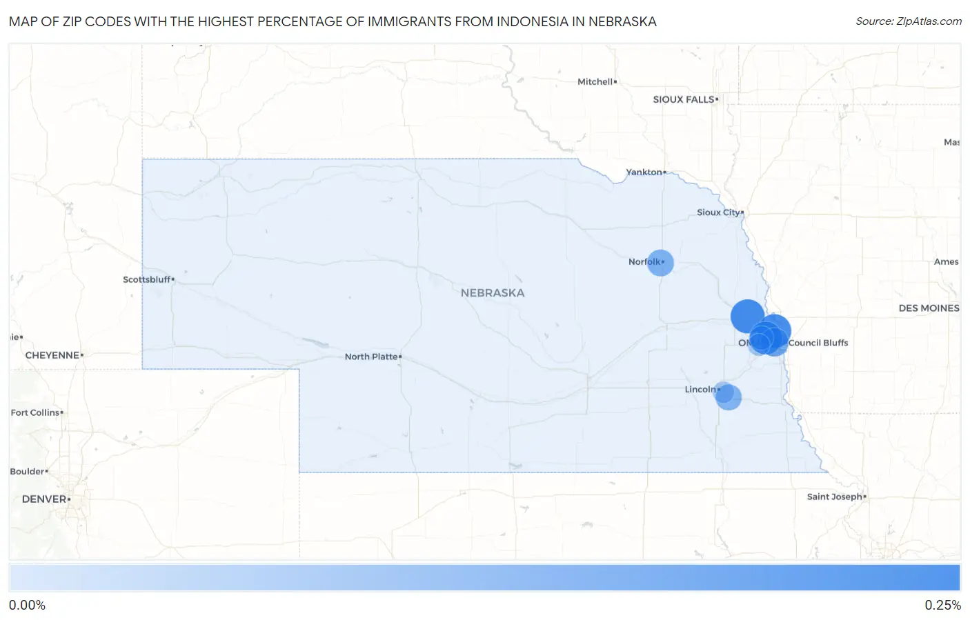 Zip Codes with the Highest Percentage of Immigrants from Indonesia in Nebraska Map