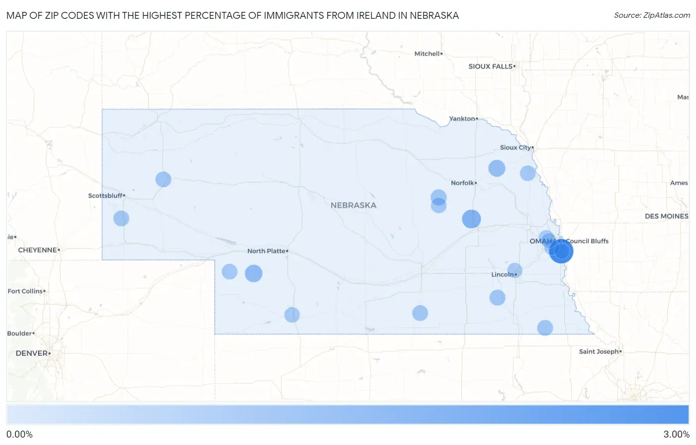 Zip Codes with the Highest Percentage of Immigrants from Ireland in Nebraska Map