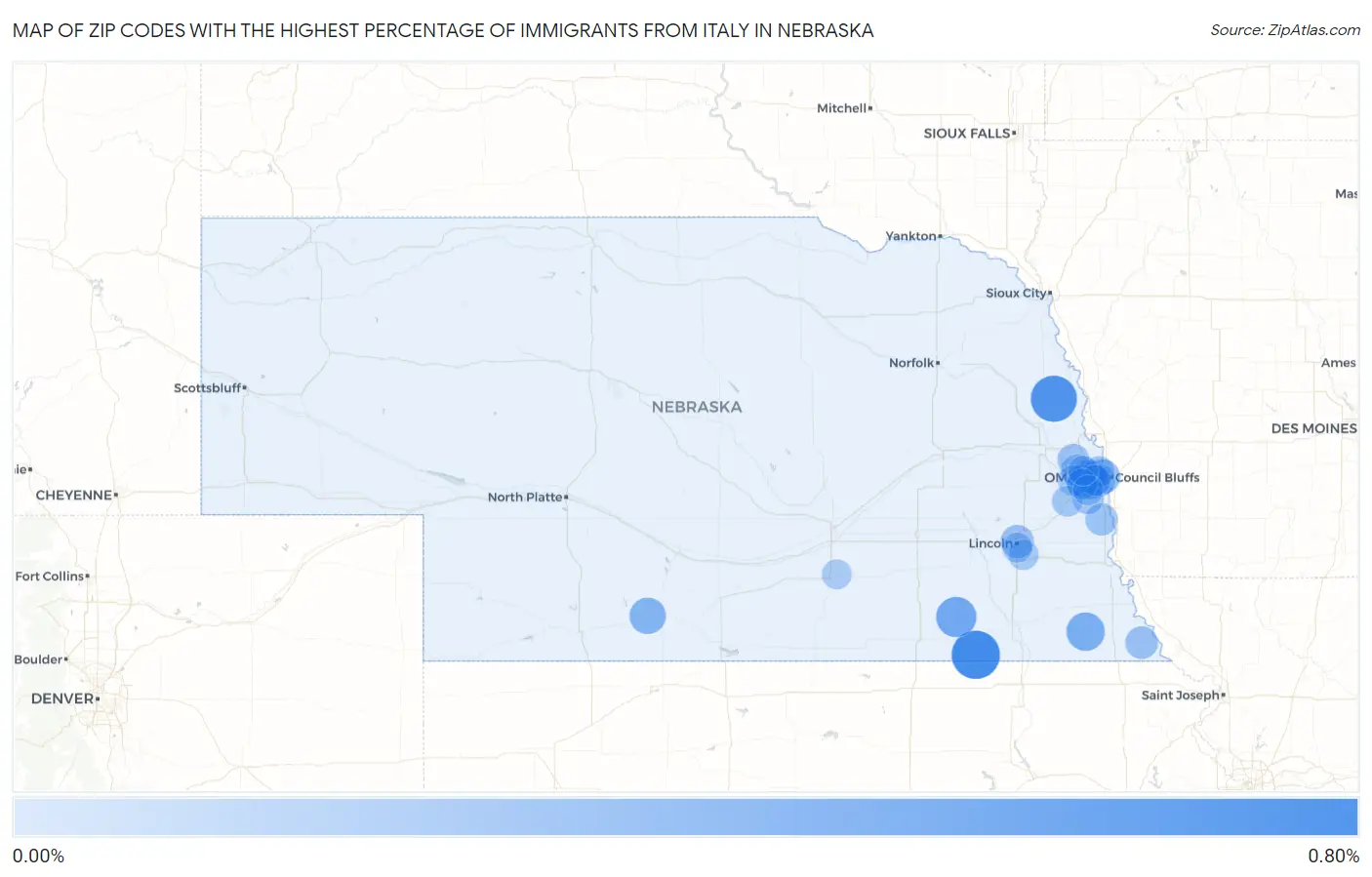 Zip Codes with the Highest Percentage of Immigrants from Italy in Nebraska Map