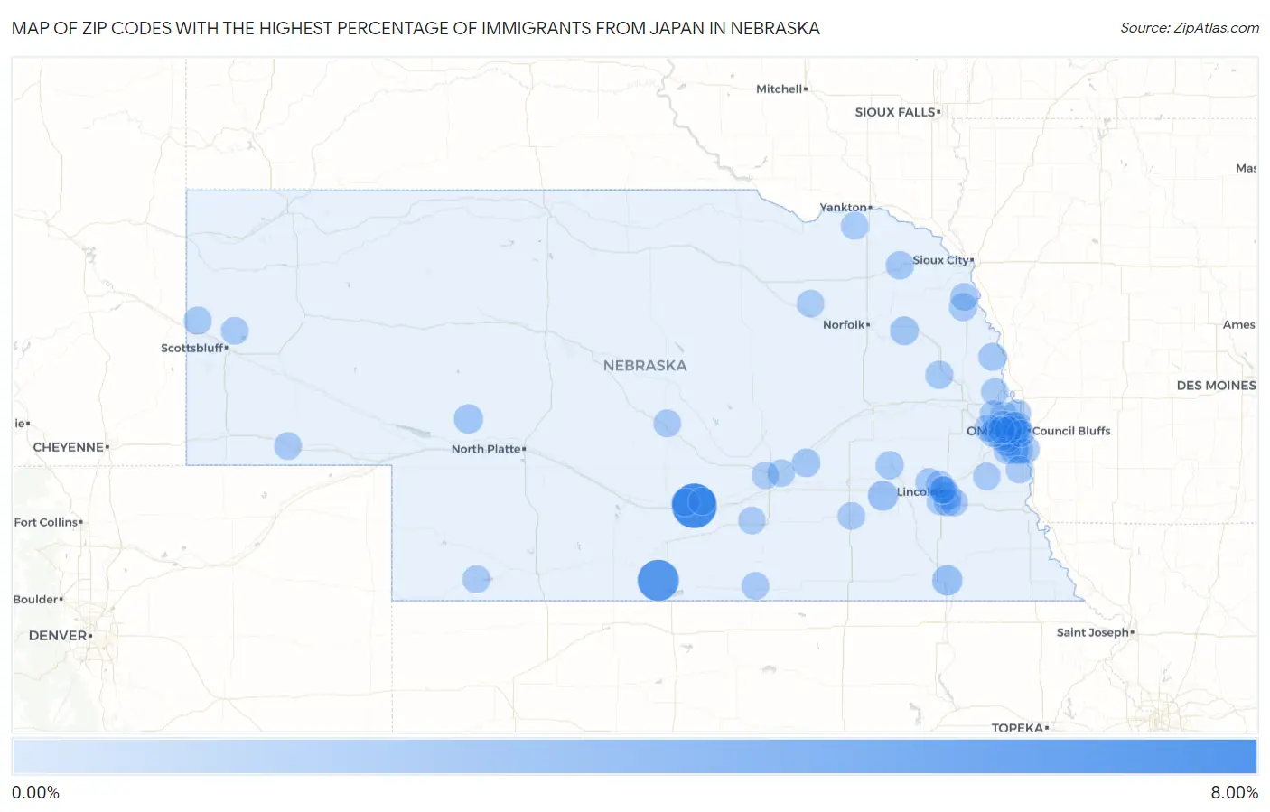 Zip Codes with the Highest Percentage of Immigrants from Japan in Nebraska Map