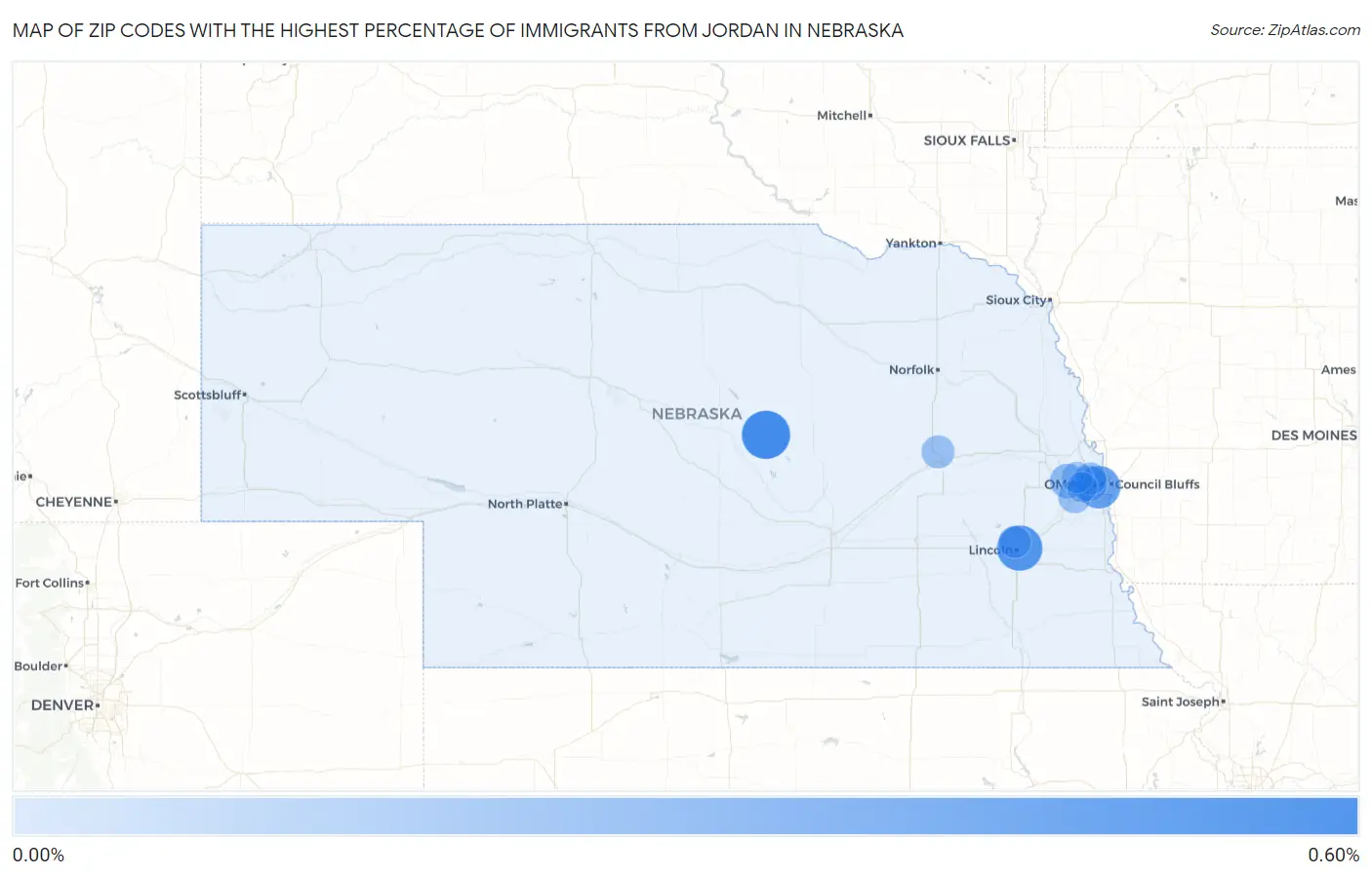 Zip Codes with the Highest Percentage of Immigrants from Jordan in Nebraska Map