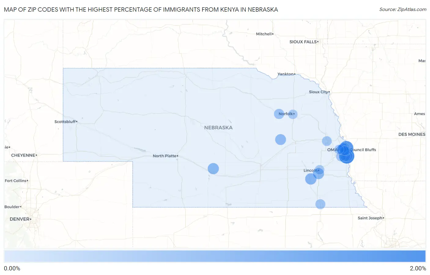 Zip Codes with the Highest Percentage of Immigrants from Kenya in Nebraska Map