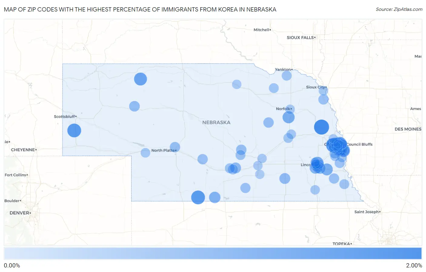 Zip Codes with the Highest Percentage of Immigrants from Korea in Nebraska Map
