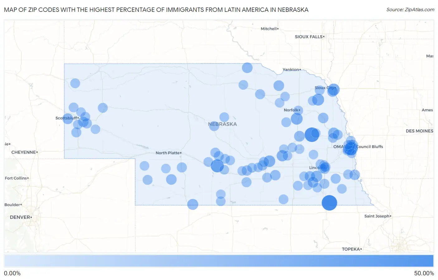 Zip Codes with the Highest Percentage of Immigrants from Latin America in Nebraska Map