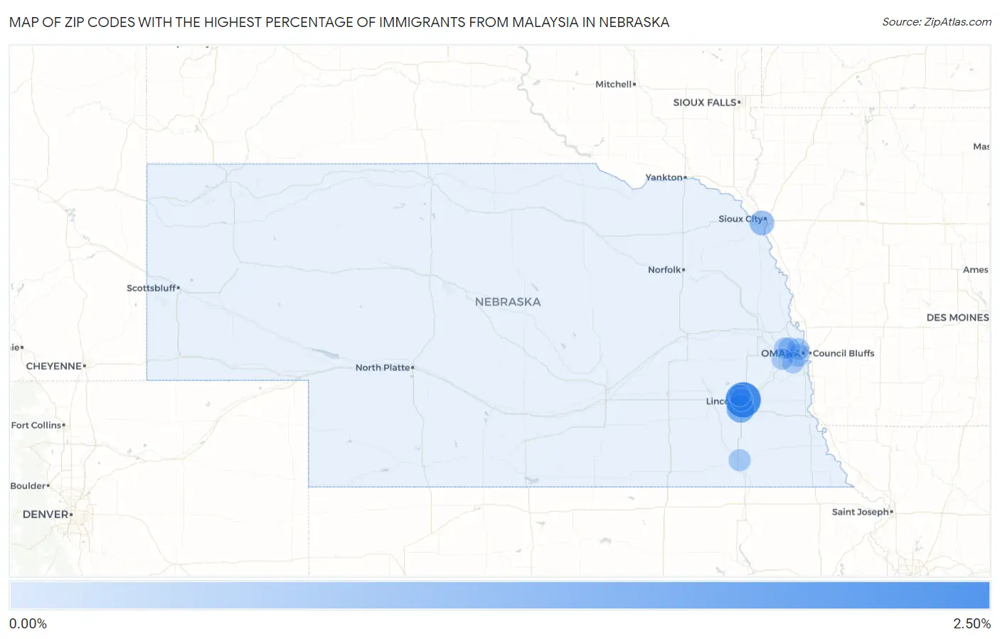 Zip Codes with the Highest Percentage of Immigrants from Malaysia in Nebraska Map