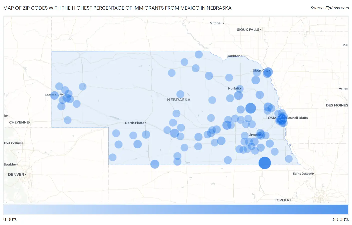 Zip Codes with the Highest Percentage of Immigrants from Mexico in Nebraska Map