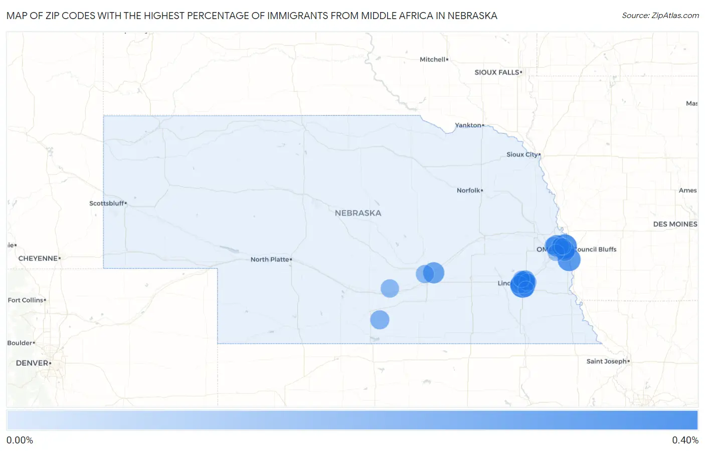 Zip Codes with the Highest Percentage of Immigrants from Middle Africa in Nebraska Map