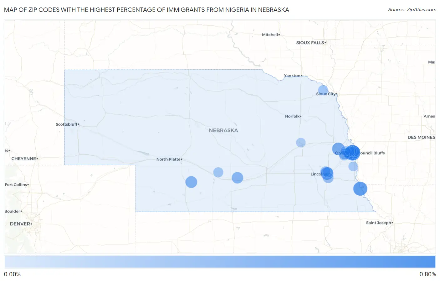 Zip Codes with the Highest Percentage of Immigrants from Nigeria in Nebraska Map