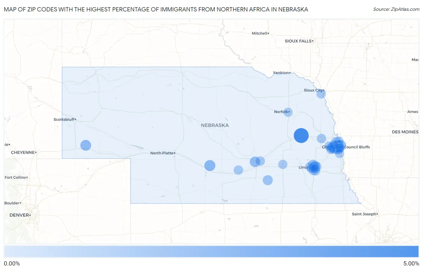 Zip Codes with the Highest Percentage of Immigrants from Northern Africa in Nebraska Map
