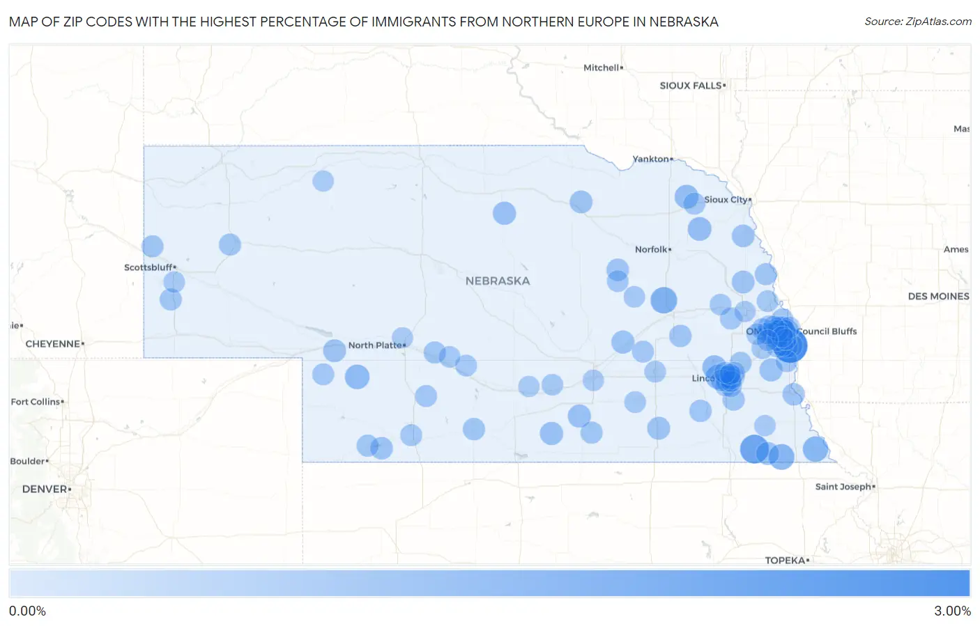 Zip Codes with the Highest Percentage of Immigrants from Northern Europe in Nebraska Map