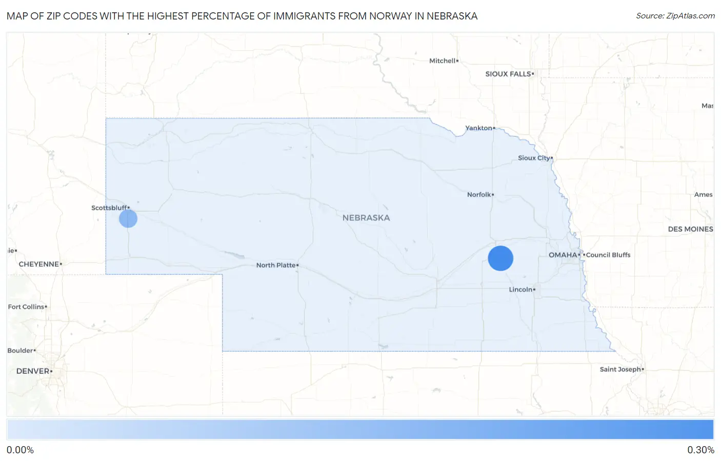 Zip Codes with the Highest Percentage of Immigrants from Norway in Nebraska Map