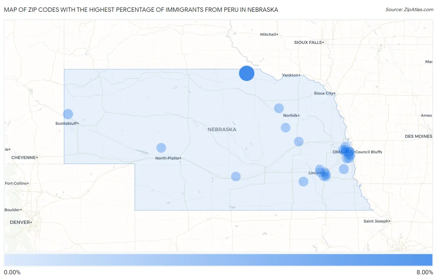Zip Codes with the Highest Percentage of Immigrants from Peru in Nebraska Map