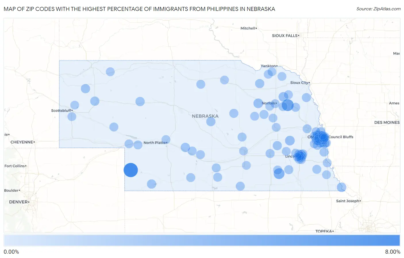Zip Codes with the Highest Percentage of Immigrants from Philippines in Nebraska Map