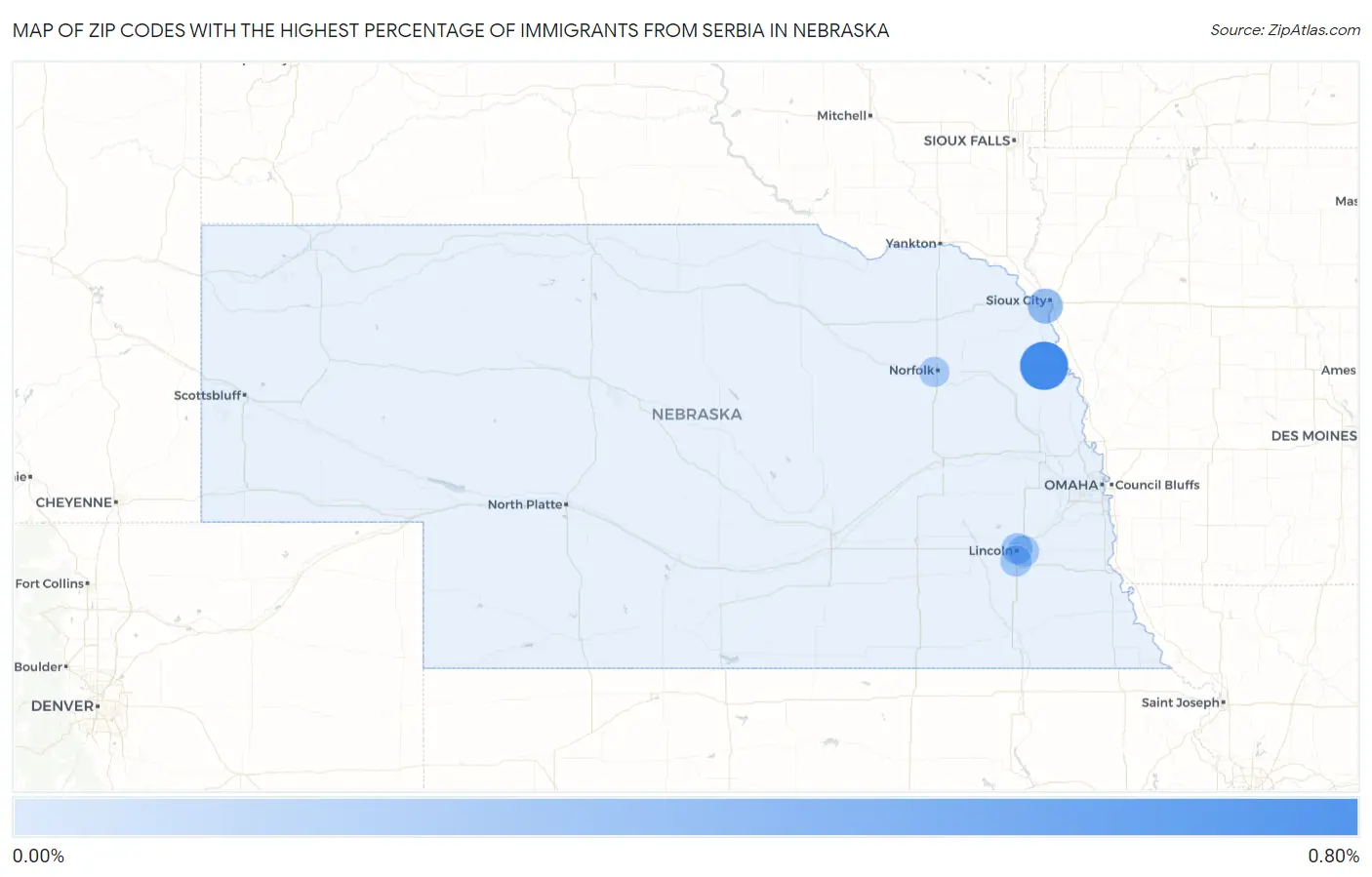Zip Codes with the Highest Percentage of Immigrants from Serbia in Nebraska Map