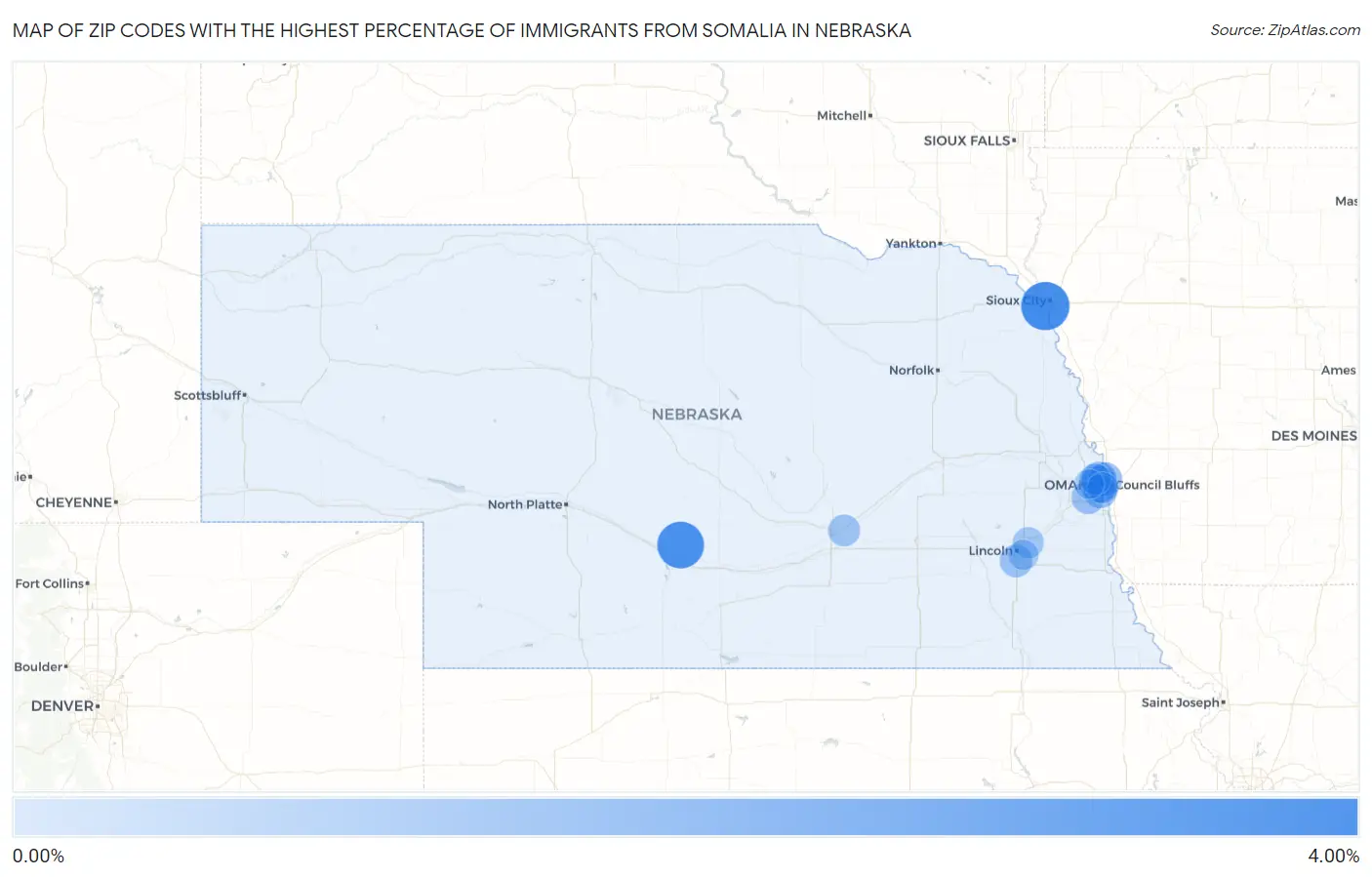 Zip Codes with the Highest Percentage of Immigrants from Somalia in Nebraska Map