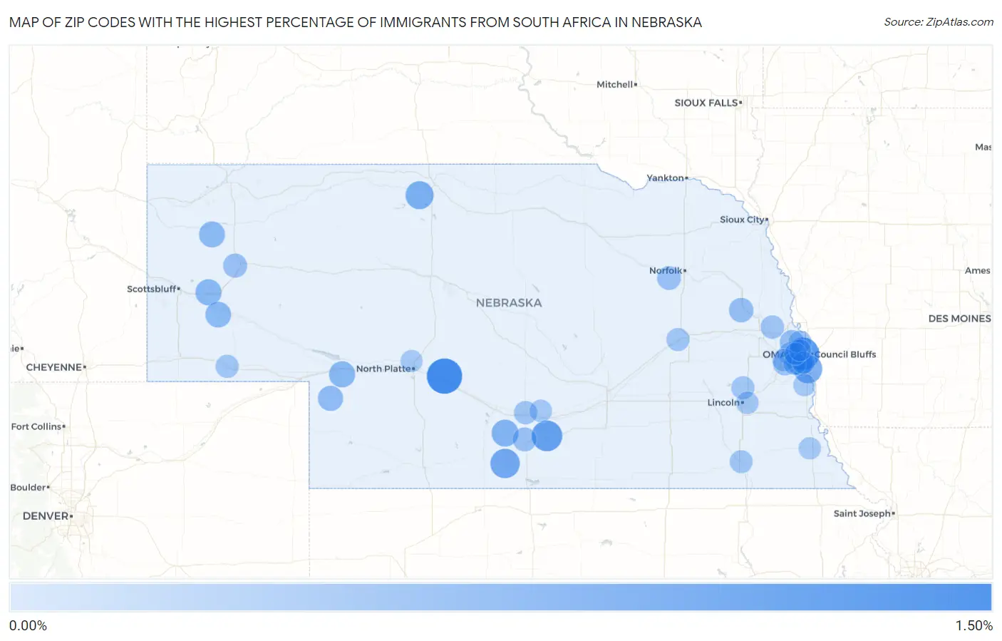 Zip Codes with the Highest Percentage of Immigrants from South Africa in Nebraska Map