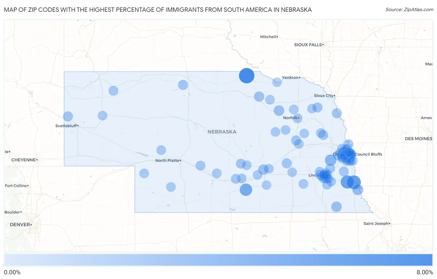 Zip Codes with the Highest Percentage of Immigrants from South America in Nebraska Map