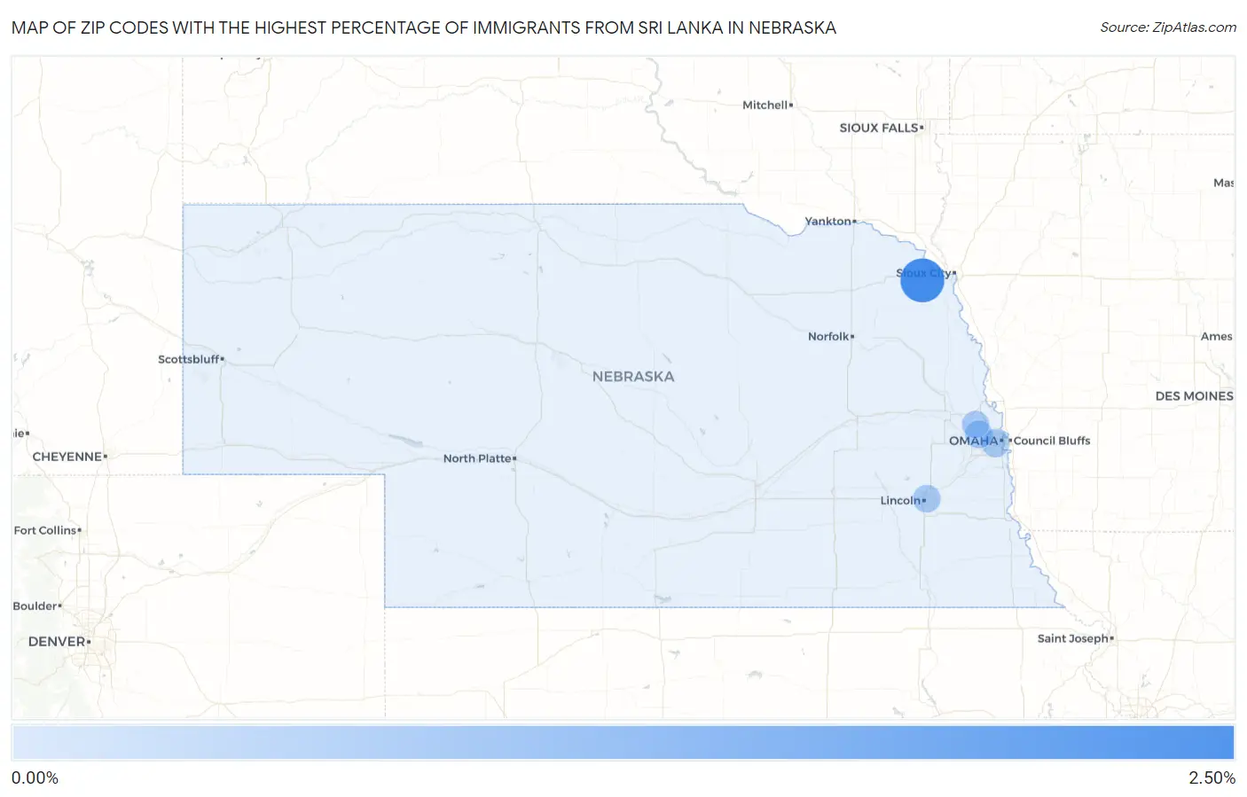 Zip Codes with the Highest Percentage of Immigrants from Sri Lanka in Nebraska Map