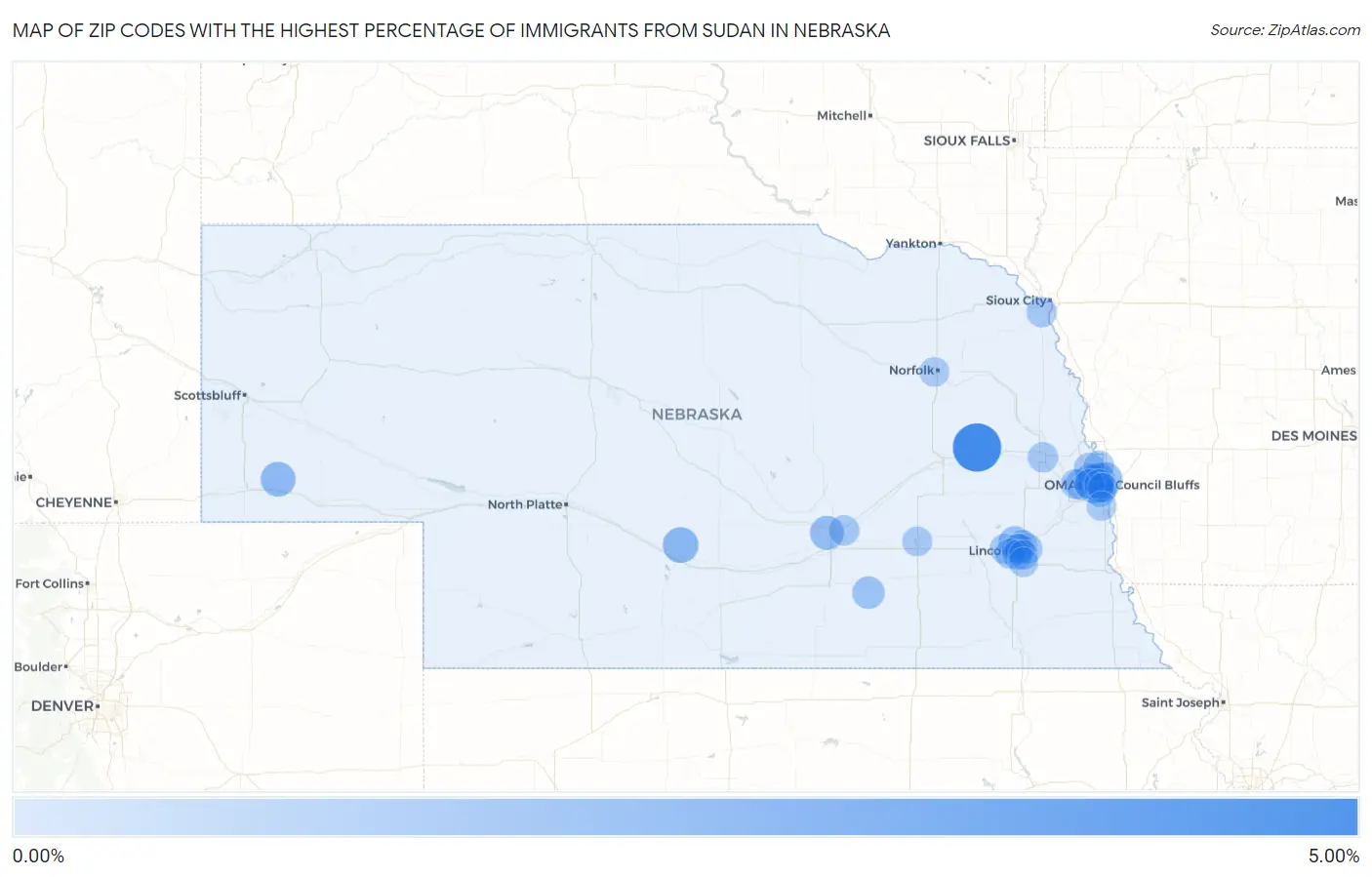 Zip Codes with the Highest Percentage of Immigrants from Sudan in Nebraska Map