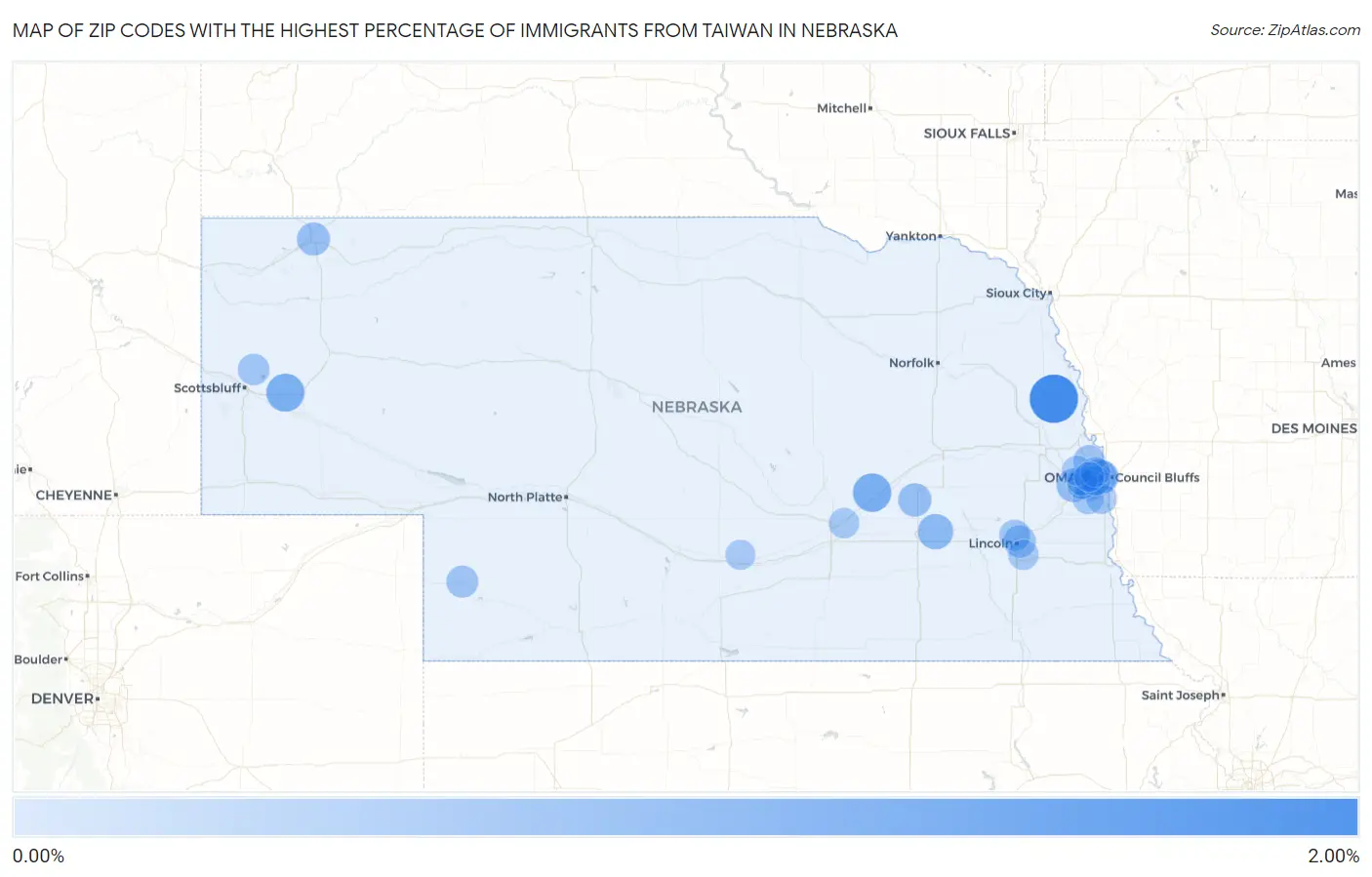 Zip Codes with the Highest Percentage of Immigrants from Taiwan in Nebraska Map