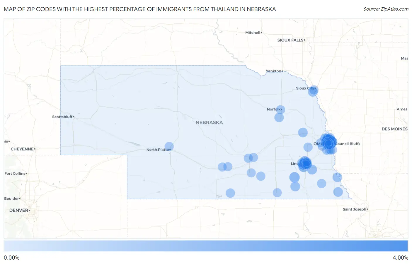 Zip Codes with the Highest Percentage of Immigrants from Thailand in Nebraska Map