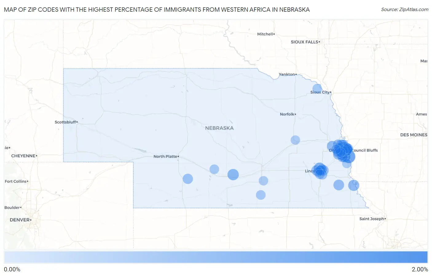 Zip Codes with the Highest Percentage of Immigrants from Western Africa in Nebraska Map