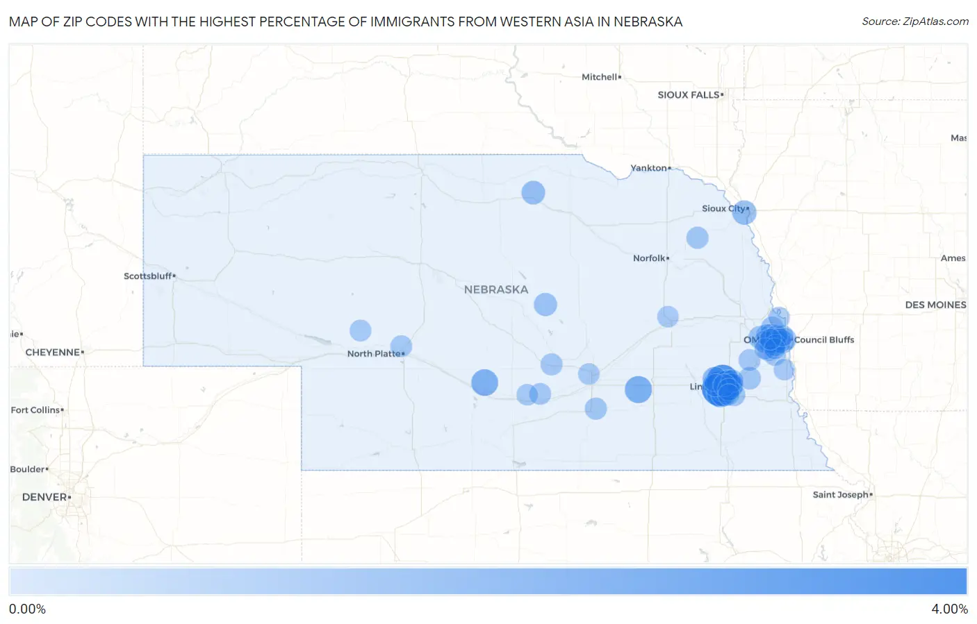 Zip Codes with the Highest Percentage of Immigrants from Western Asia in Nebraska Map