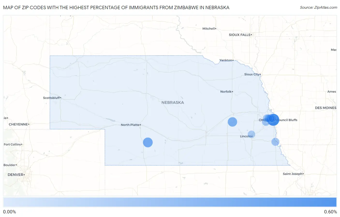 Zip Codes with the Highest Percentage of Immigrants from Zimbabwe in Nebraska Map