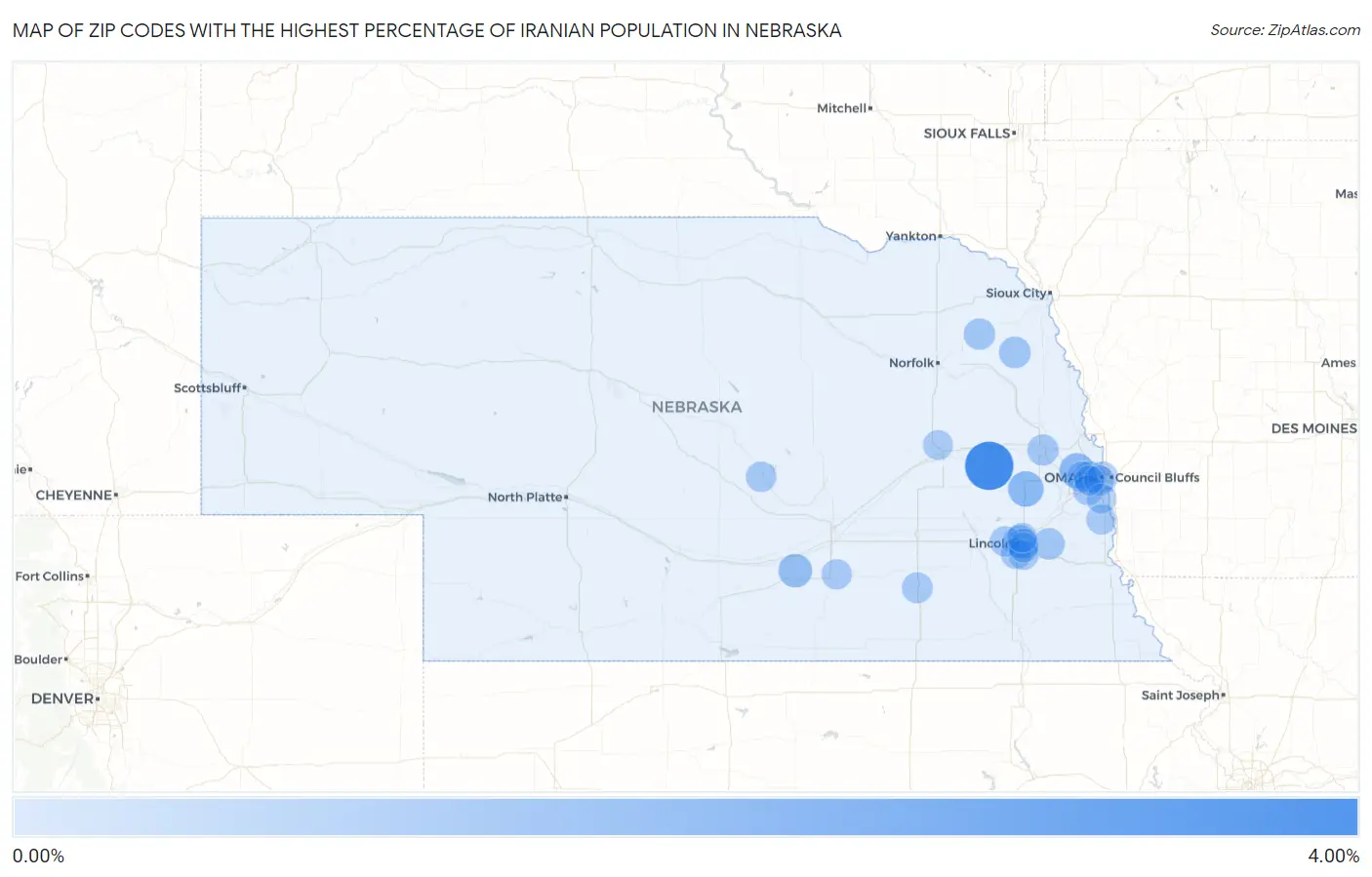 Zip Codes with the Highest Percentage of Iranian Population in Nebraska Map