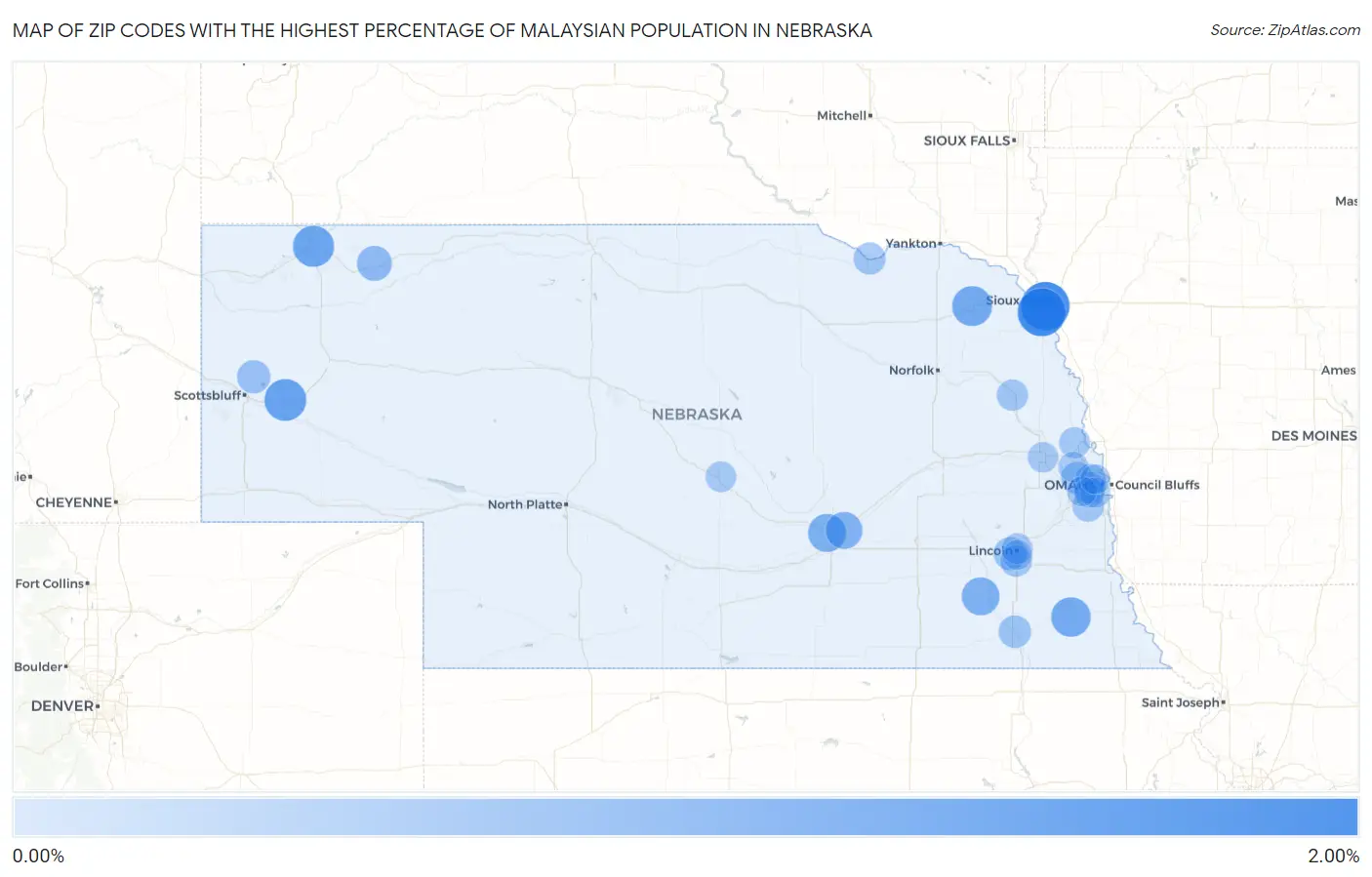 Zip Codes with the Highest Percentage of Malaysian Population in Nebraska Map