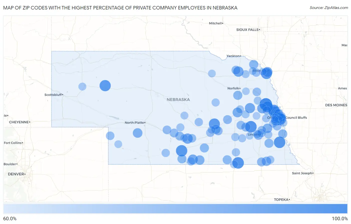 Zip Codes with the Highest Percentage of Private Company Employees in Nebraska Map