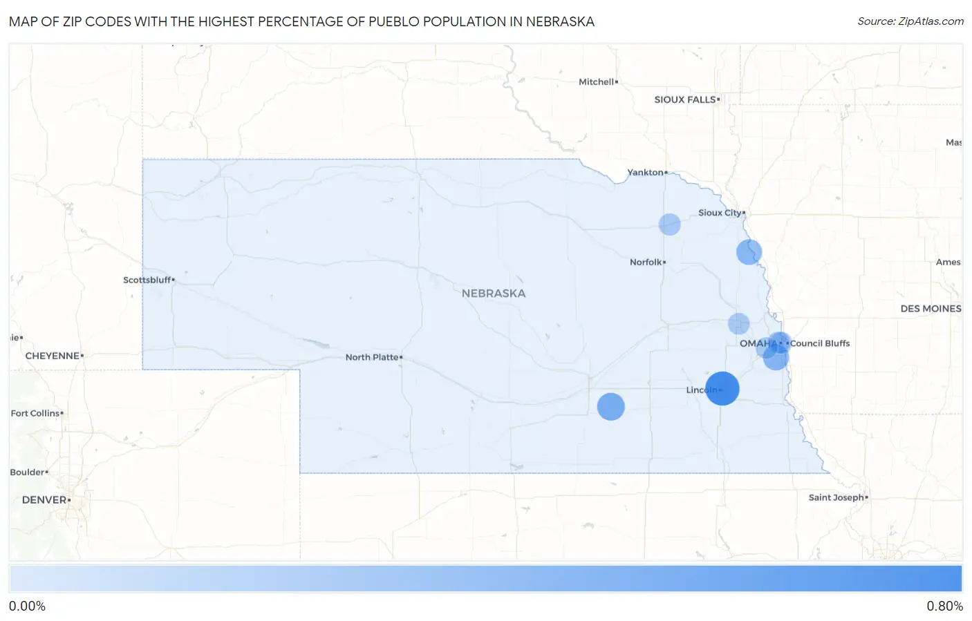 Zip Codes with the Highest Percentage of Pueblo Population in Nebraska Map