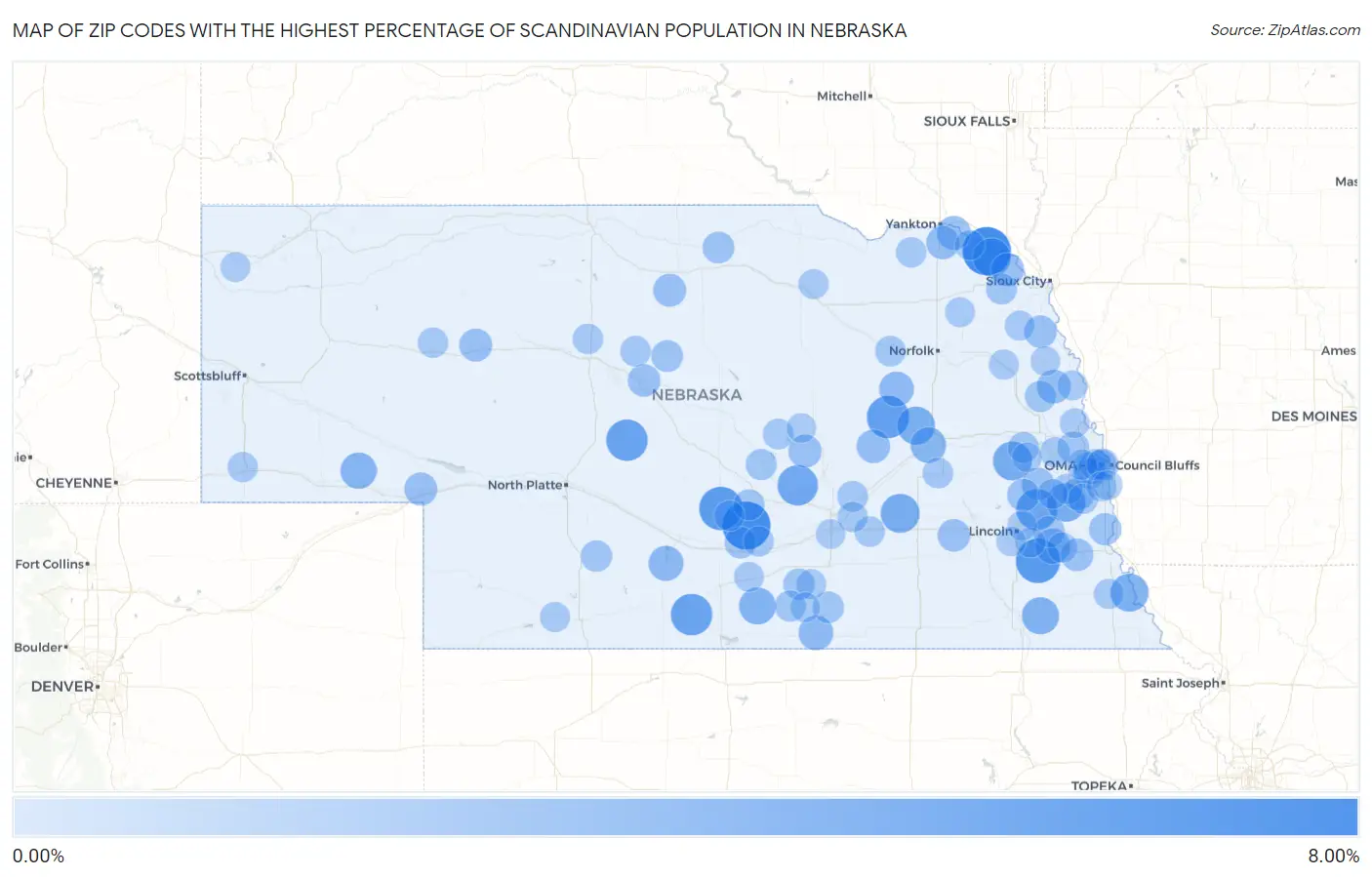 Zip Codes with the Highest Percentage of Scandinavian Population in Nebraska Map