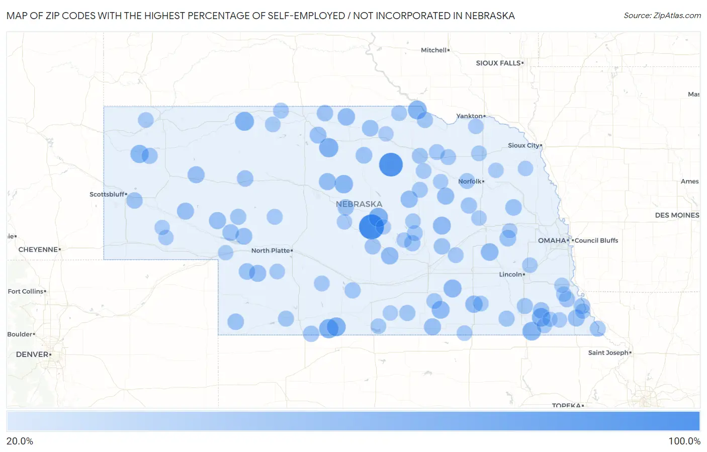 Zip Codes with the Highest Percentage of Self-Employed / Not Incorporated in Nebraska Map