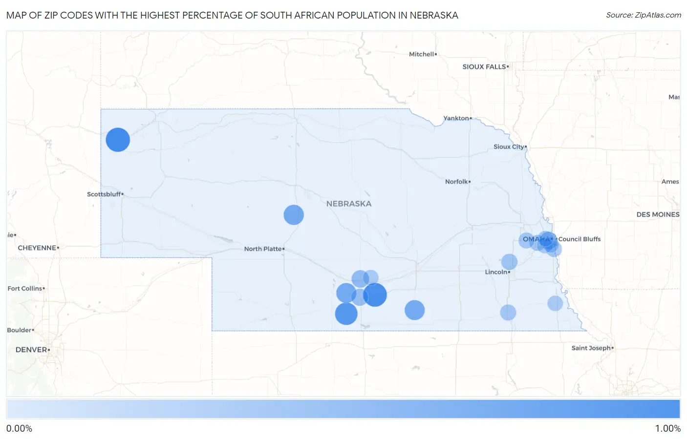 Zip Codes with the Highest Percentage of South African Population in Nebraska Map