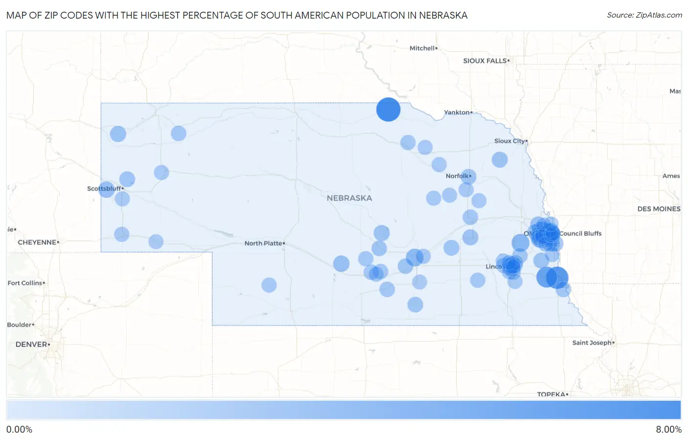 Zip Codes with the Highest Percentage of South American Population in Nebraska Map