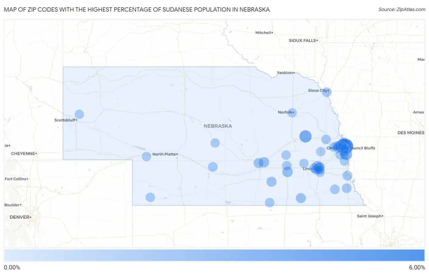Zip Codes with the Highest Percentage of Sudanese Population in Nebraska Map