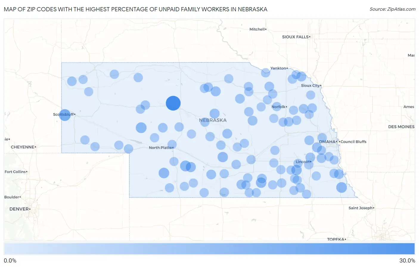 Zip Codes with the Highest Percentage of Unpaid Family Workers in Nebraska Map