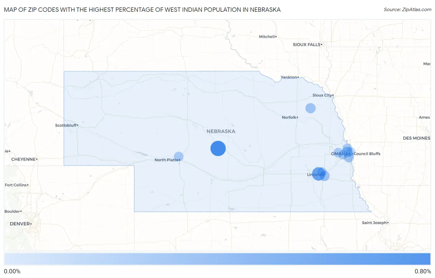 Zip Codes with the Highest Percentage of West Indian Population in Nebraska Map