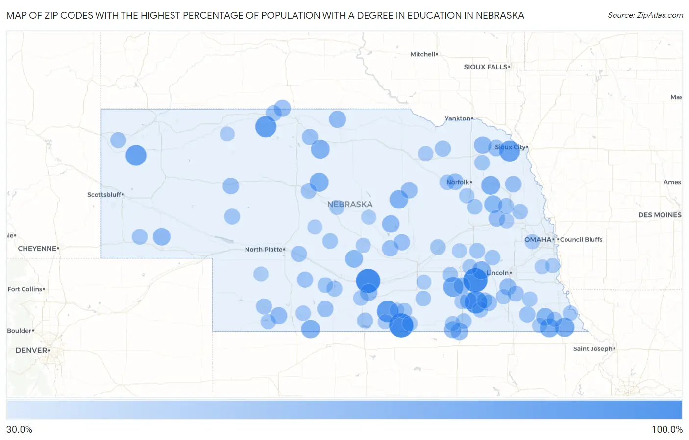 Zip Codes with the Highest Percentage of Population with a Degree in Education in Nebraska Map
