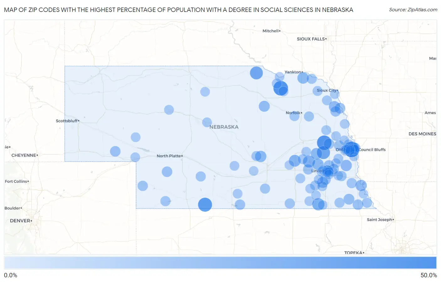 Zip Codes with the Highest Percentage of Population with a Degree in Social Sciences in Nebraska Map